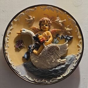 Vintage Cherub and Swan Wall Sculpture in Cream and Brown